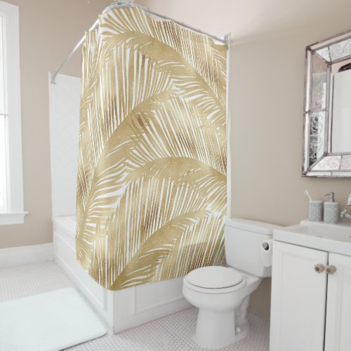 Modern Gold Palm Leaf Tropical Pattern Shower Curtain