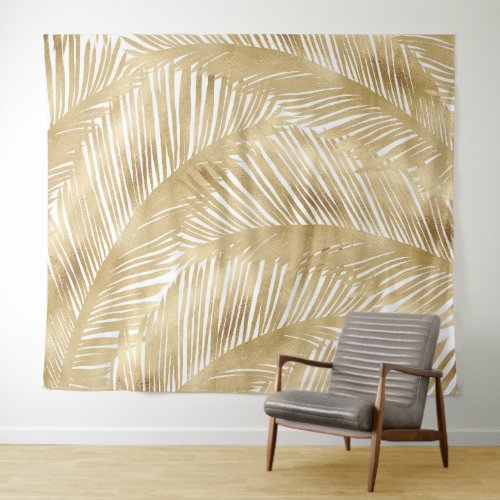 Modern Gold Palm Leaf Tropical Pattern Tapestry