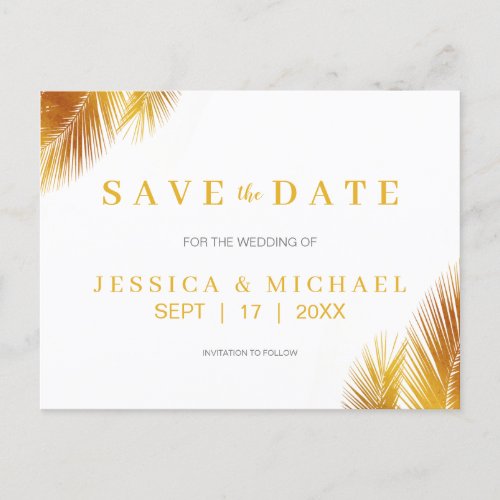 Modern Gold Palm Leaves Elegant Save the Date Announcement Postcard