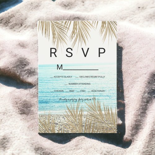 Modern gold palm tree beach photo RSVP wedding