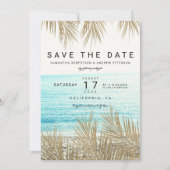 Modern gold palm tree beach photo save the date (Front)
