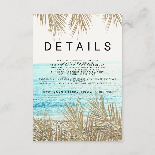 Modern gold palm tree beach photo wedding details enclosure card