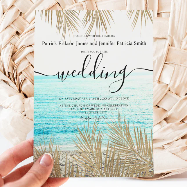 Modern gold palm tree beach script wedding invitation | Zazzle