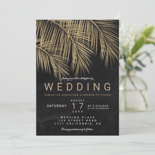 Modern gold palm tree chalkboard elegant wedding invitation Zazzle
