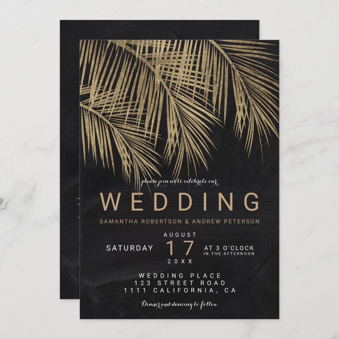 Modern gold palm tree chalkboard elegant wedding invitation Zazzle