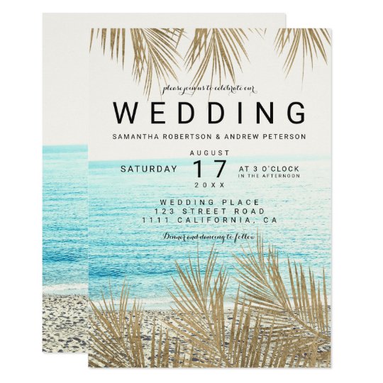 Modern Gold Palm Tree Elegant Beach Photo Wedding Invitation