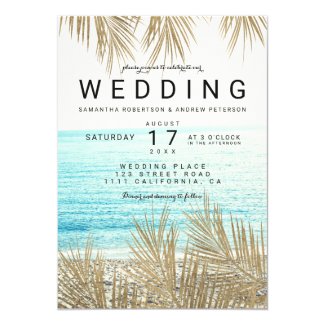 Modern gold palm tree elegant beach photo wedding invitation
