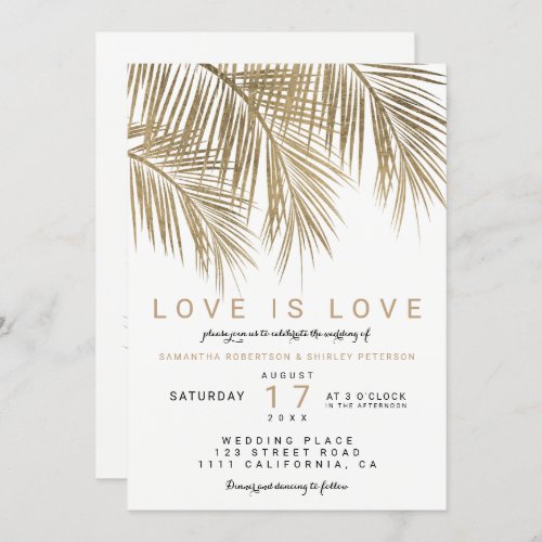 Modern gold palm tree elegant lesbian wedding invitation