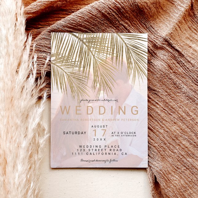 Modern gold palm tree elegant photo wedding invitation (Creator Uploaded)