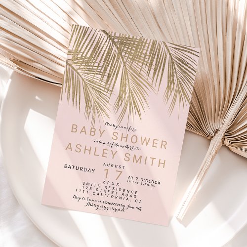 Modern gold palm tree elegant pink baby shower invitation