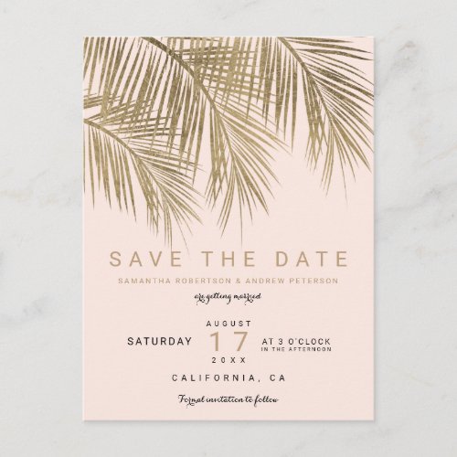 Modern gold palm tree elegant pink save the date announcement postcard