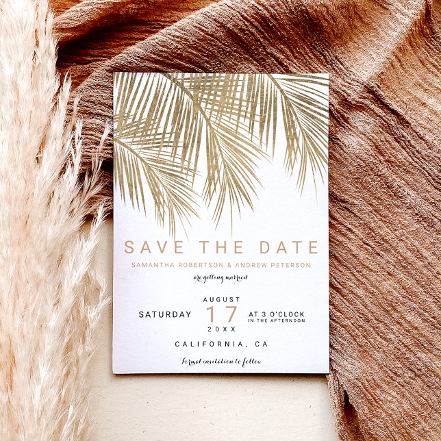 Modern gold palm tree elegant save the date (Creator Uploaded)
