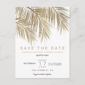 Modern gold palm tree elegant save the date announcement postcard