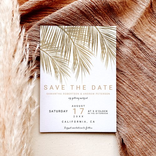 Modern gold palm tree elegant save the date announcement postcard