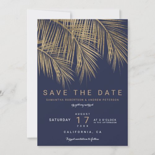 Modern gold palm tree elegant save the date blue