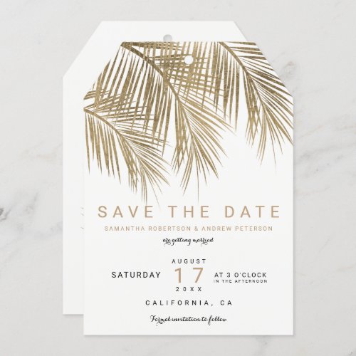 Modern gold palm tree elegant save the date invitation
