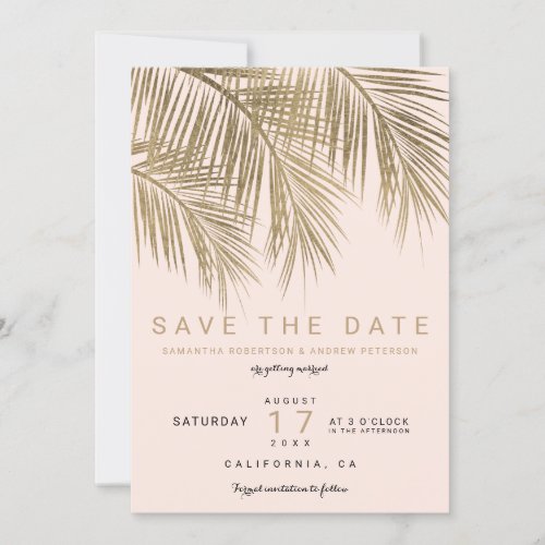 Modern gold palm tree elegant save the date pink