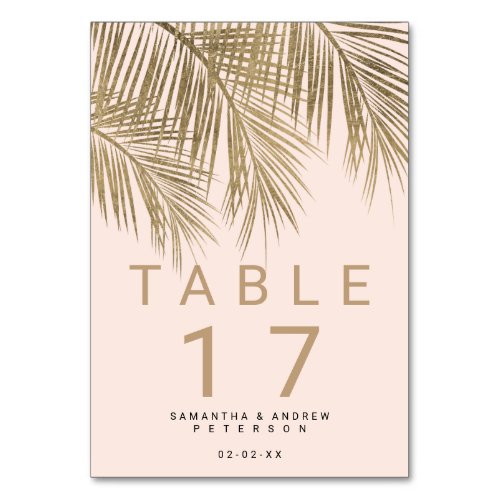 Modern gold palm tree elegant wedding table pink table number