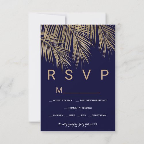 Modern gold palm tree navy blue RSVP wedding