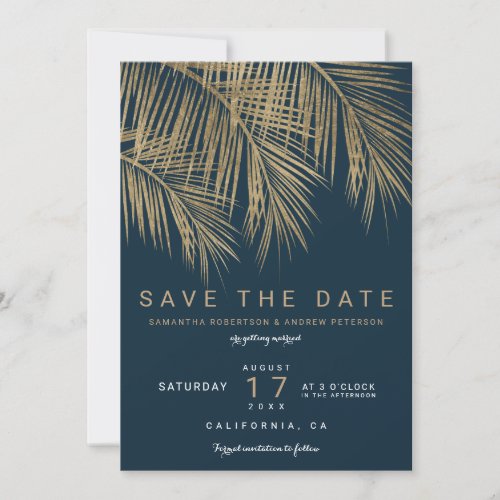 Modern gold palm tree navy blue save the date