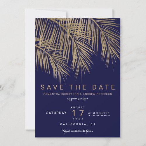 Modern gold palm tree navy save the date