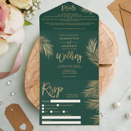 Modern gold palm tree tropical green wedding all in one invitation