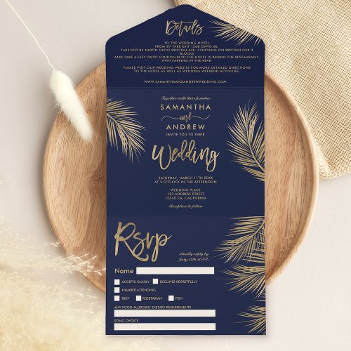 Modern gold palm tree tropical navy blue wedding all in one invitation