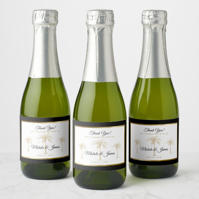 Modern Gold Palm Tree Tropical Wedding Sparkling Wine Label (Bottles)