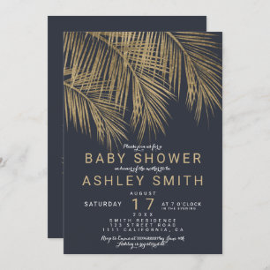 Modern gold palm treenavy blue baby shower invitation