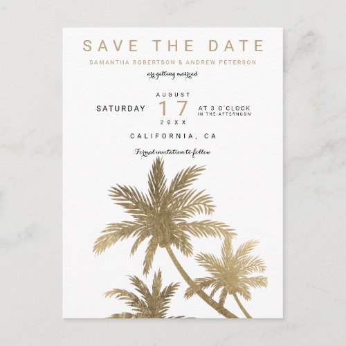 Modern gold palm trees elegant save the date announcement postcard