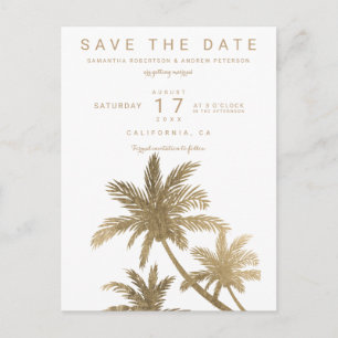 Modern gold palm trees elegant save the date announcement postcard