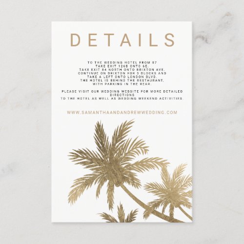 Modern gold palm trees elegant wedding details enclosure card