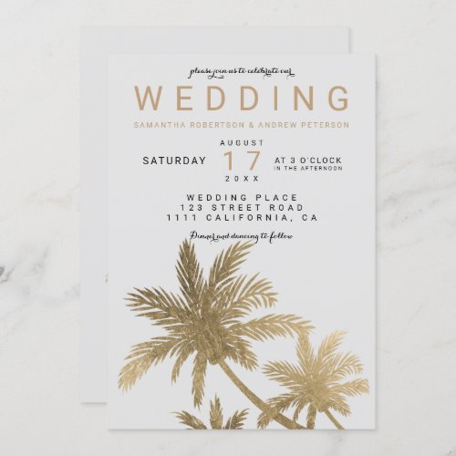 Modern gold palm trees gray elegant wedding invitation