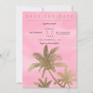 Modern gold palm trees pink chic save the date