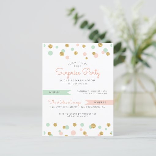 Modern Gold & Pastel Surprise Birthday Party Invitation Postcard | Zazzle