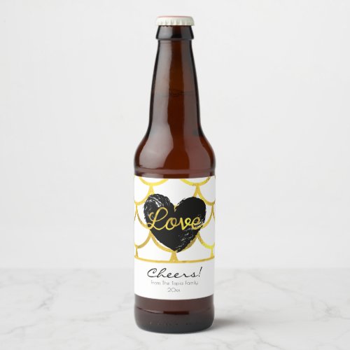 Modern Gold Pattern with a Heart Beer Bottle Label