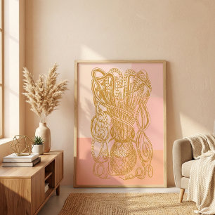 Modern Gold Peach Pink Octopus Coastal Wall Art