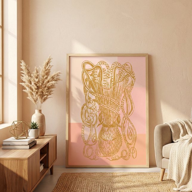 Modern Gold Peach Pink Octopus Coastal Wall Art (Creator Uploaded)