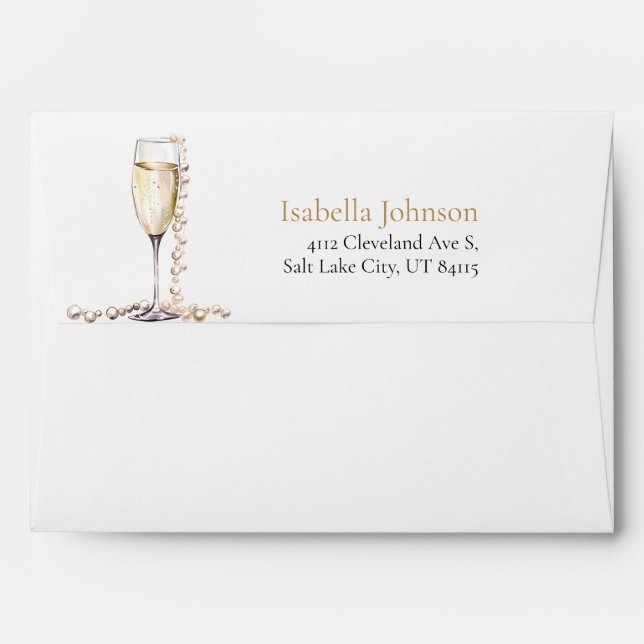 Modern Gold Pearls and Prosecco Return Address Envelope (Back (Top Flap))