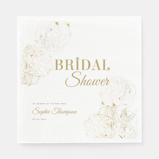 Modern Gold Peonies Floral Sketch Bridal Shower Napkins (Front)