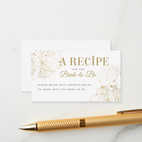 Modern Gold Peonies Sketch Bridal Shower Recipe Enclosure Card