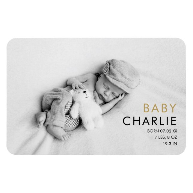 Modern Gold Photo Baby Birth Announcement Magnet (Horizontal)