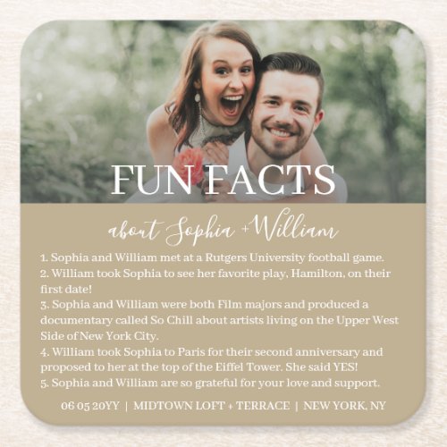 Modern Gold Photo Fun Facts Wedding Square Paper Coaster