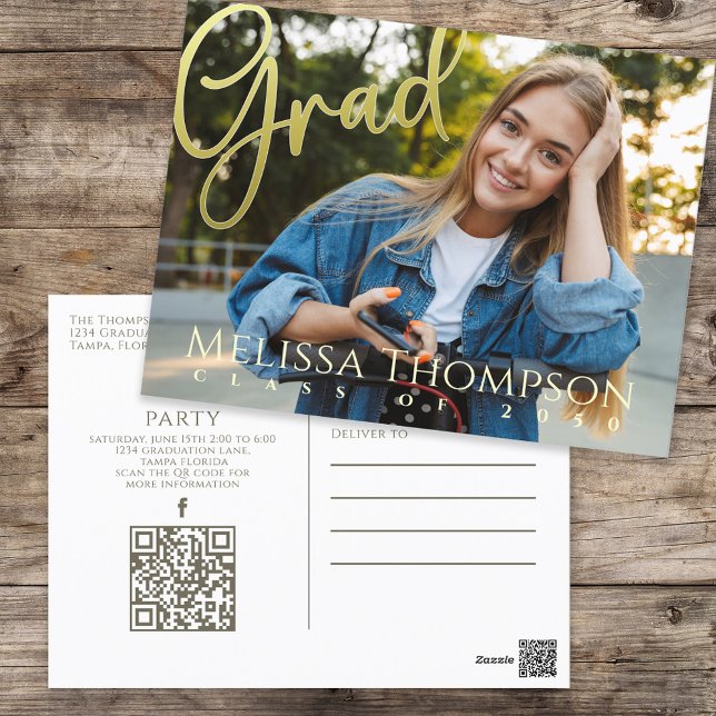 Modern Gold Photo Graduation Invitation Postcard (Creator Uploaded)