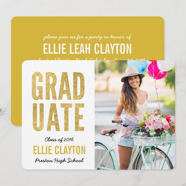 Modern Gold Photo Graduation Party Invitation (Front/Back)