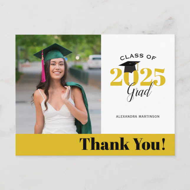 Modern Gold Photo Graduation Thank You Postcard | Zazzle