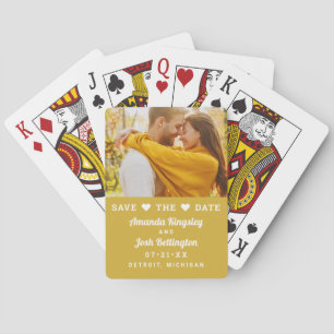 Modern Gold Photo Heart Save the Date Poker Cards
