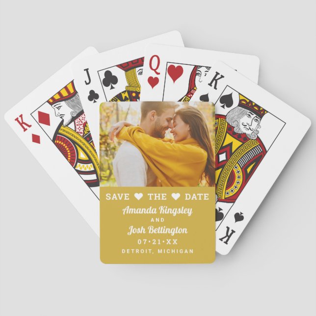 Modern Gold Photo Heart Save the Date Poker Cards (Back)
