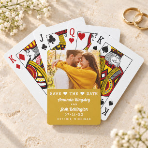 Modern Gold Photo Heart Save the Date Poker Cards