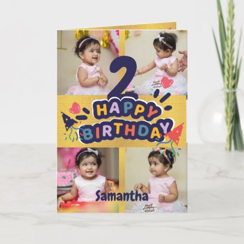 Modern Gold Photo Name Happy 2nd Birthday Card